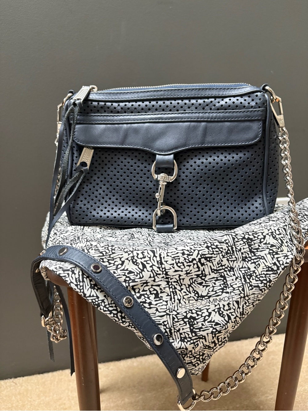 Rebecca Minkoff Navy Perforated Leather Swing Crossbody with Chain Strap